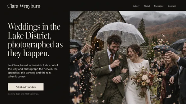 AI design concept for a wedding photographer’s portfolio, Clara Wrayburn in the Lake District: a dark page with a full-width photo of a couple in the rain, on a desktop and a phone.