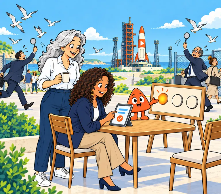 A recruiter finishes her task on a tablet as Play lights the first of three lamps; behind them, suits peer at passing seagulls through magnifying glasses.