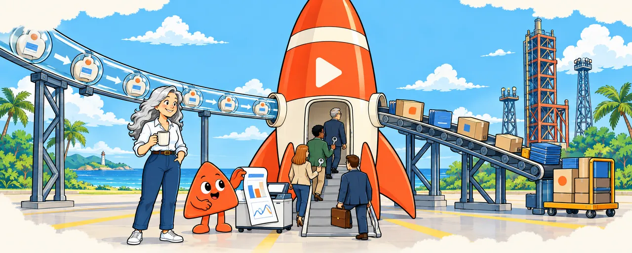 A rocket at work: customers sign in at the door, messages arrive by tube, files ride a conveyor and Play holds up a report.