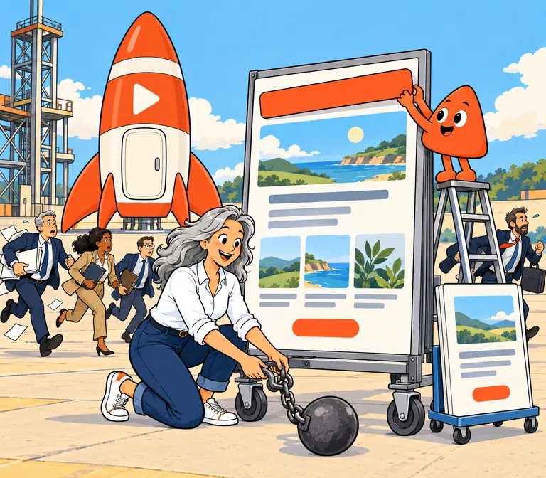 A pit stop for a website: Play fits a clearer heading, and a woman unhooks the ball and chain that slowed it down.