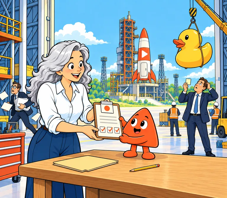 The builder hands Play a clipboard with an example card and three ticked boxes, while a suit with a vague note stares at a crane lifting a giant rubber duck.