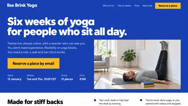 AI design concept for an online yoga course landing page, Ilse Brink Yoga: cobalt and saffron, the start date, the price and a button to reserve a place by email, on a desktop and a phone.