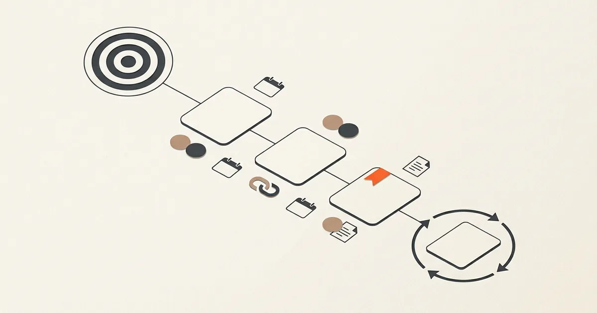 Text-free editorial illustration of one target connected to accepted action cards, dependencies, and a review loop