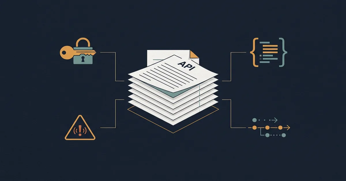 Illustrative API contract stack connected to authentication, schemas, errors, and version history