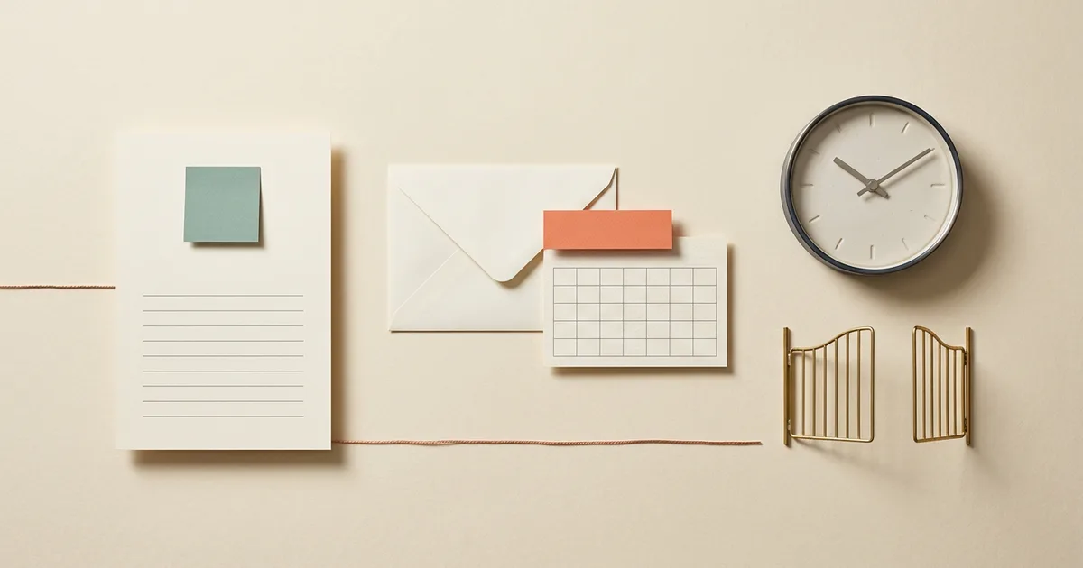 Editorial still life of a blank appointment card, sealed message, clock, and open status gate