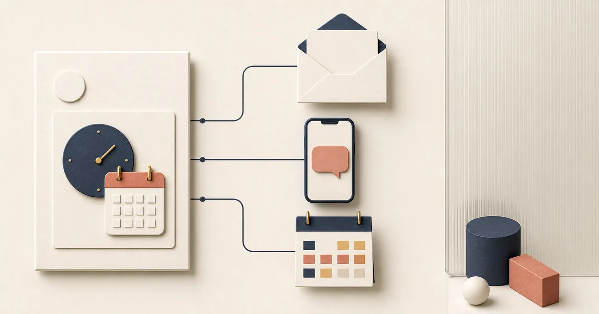 Abstract confirmed appointment record connected to blank email, phone message, and calendar cards before a separate delivery boundary