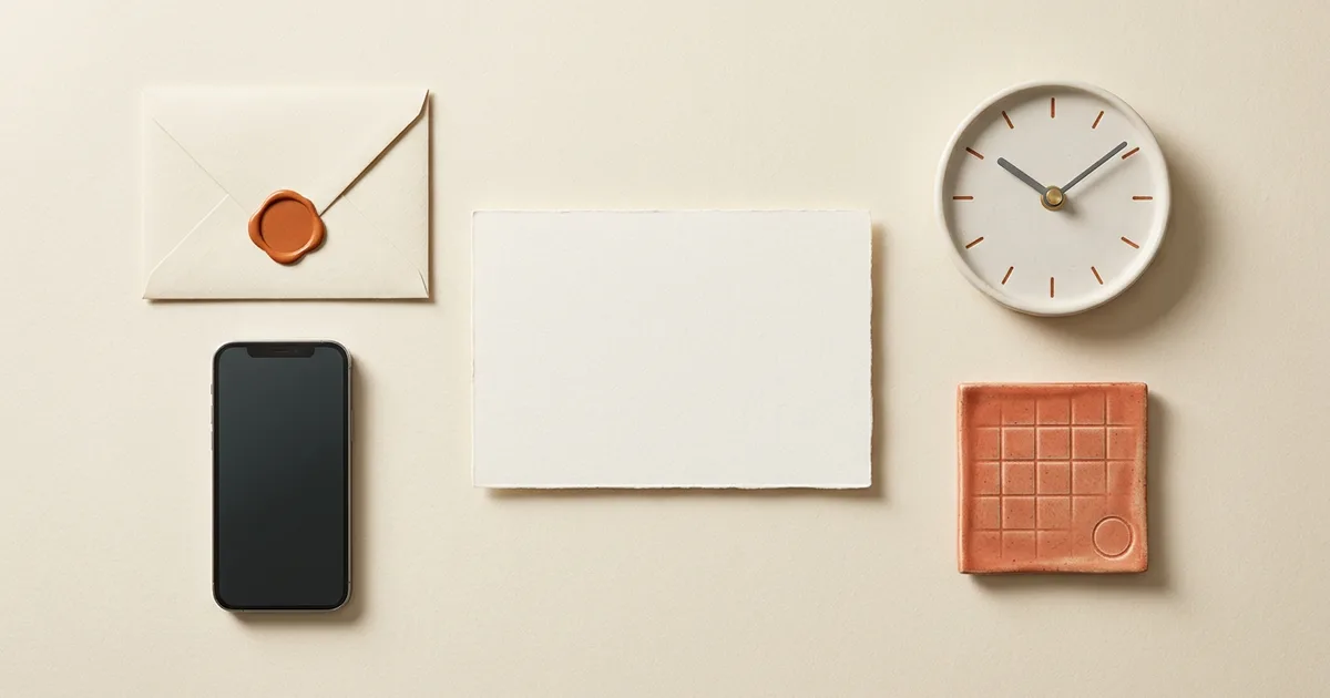 Editorial still life of a blank appointment card, clock, sealed envelope, and phone with an empty screen