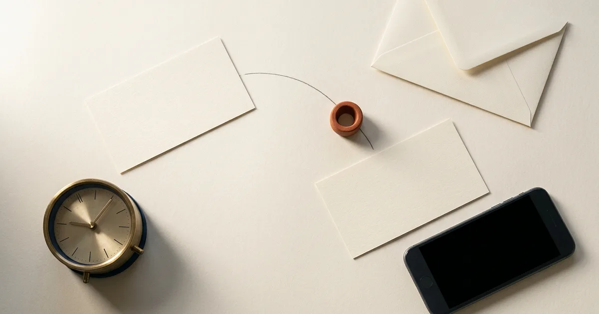 Editorial still life of two blank appointment cards connected by a pending request marker beside an envelope, clock, and phone with an empty screen