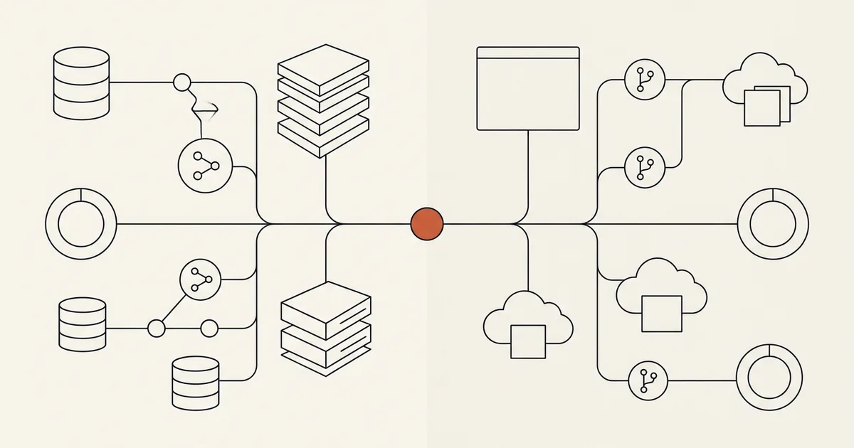 Neutral decision map comparing a managed no-code backend suite with a web app and Git workflow