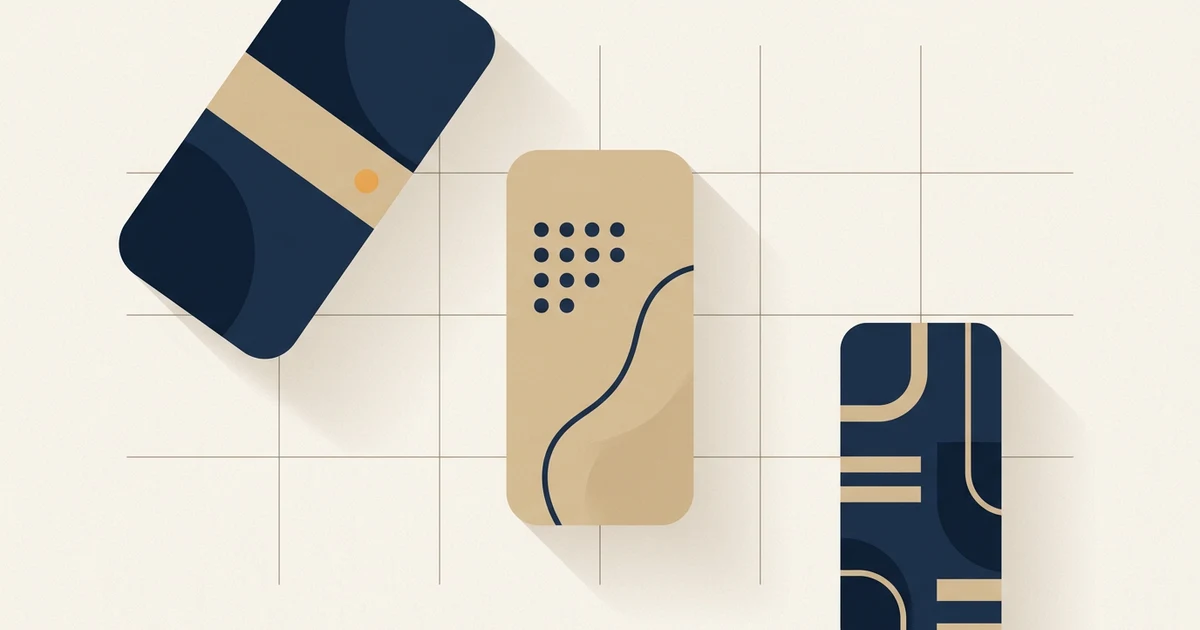Illustrative abstract arrangement of three phone-shaped panels over a faint comparison grid
