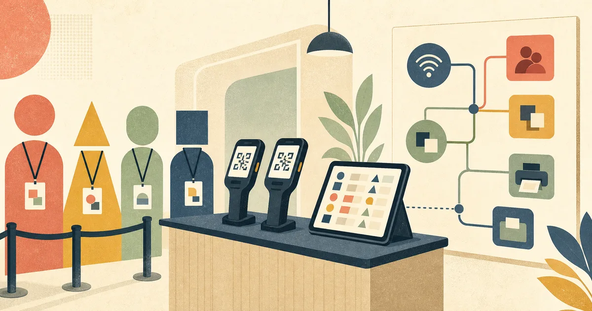 Illustrated venue check-in desk with a queue, QR scanners, a tablet, and a workflow board