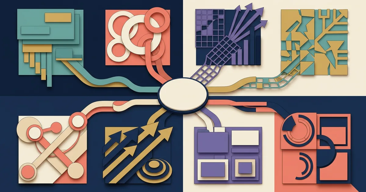 Abstract eight-path decision system connecting forms, publishing, experiments, analytics, collaboration, performance, export, and usage limits