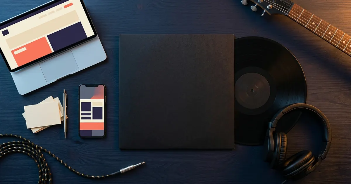 A blank concert set list, record sleeve, phone, and laptop arranged for a musician website planning session