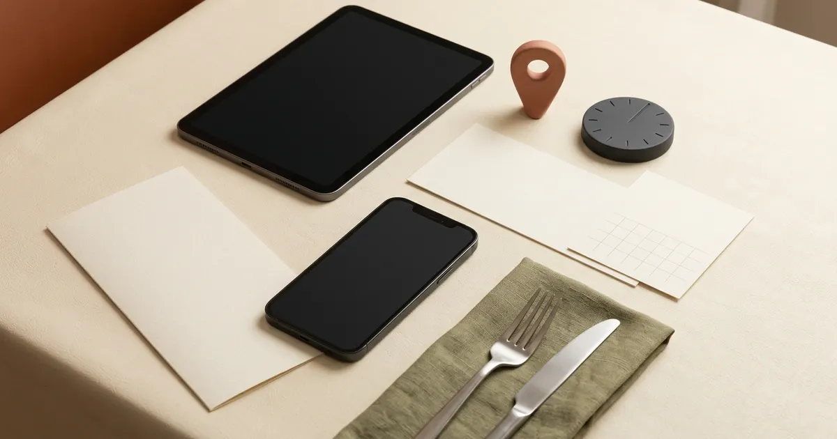 Blank menu cards, phone, tablet, map pin, clock, and cutlery arranged for a restaurant website planning session