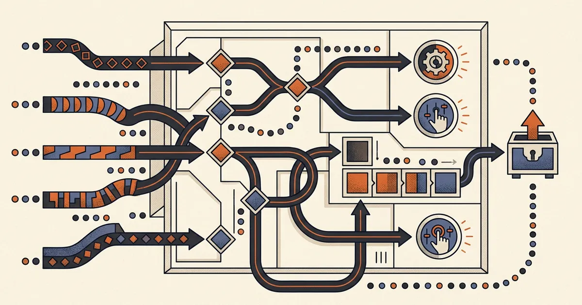 Editorial automation map with event streams, branches, action nodes, a retry loop, audit markers, and an export archive