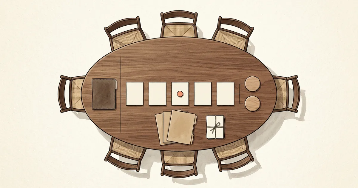 Overhead editorial illustration of an empty boardroom table with blank agenda cards, paper packs, two conflict markers, and a separate dark folder