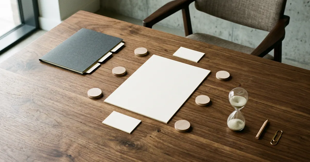Overhead editorial still life of blank meeting paper, a document folder, wooden role tokens, blank cards, an hourglass, pencil, and paper clip