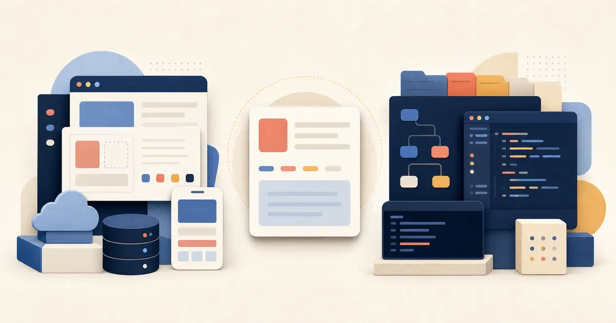 Equal visual paths from one app brief to a browser app workspace and a repository-centered coding workspace