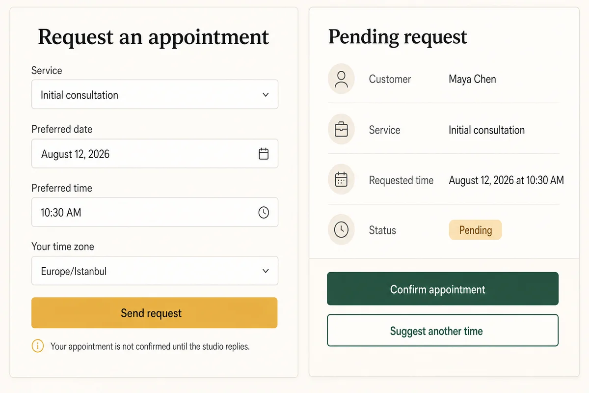 Illustrative booking request form beside a staff review showing the same request as pending
