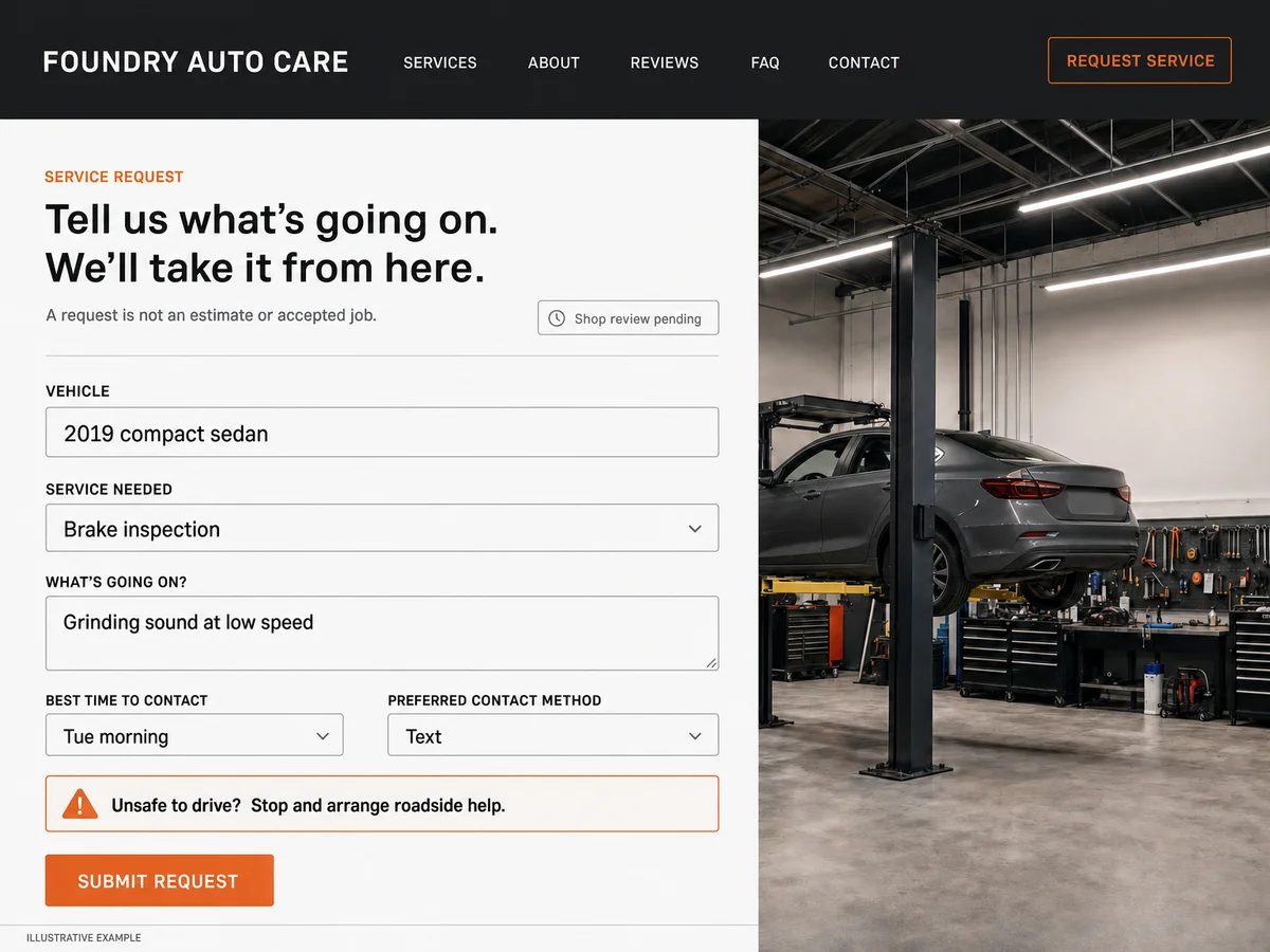 Illustrative Foundry Auto Care website showing a brake inspection request marked shop review pending and a roadside safety notice.