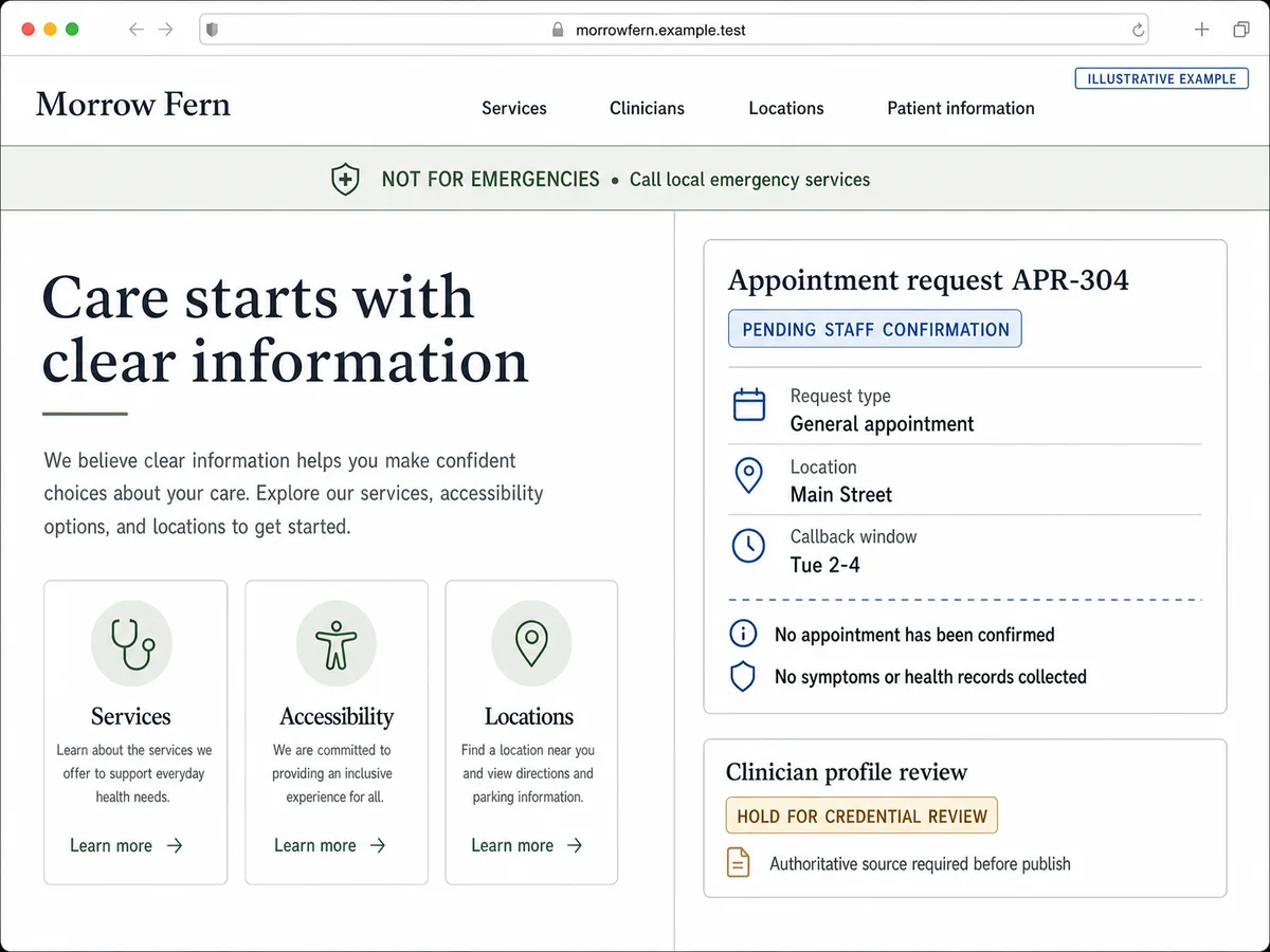 Illustrative Morrow Fern interface showing appointment request APR-304 as pending staff confirmation, emergency guidance, and a clinician profile held for credential review.