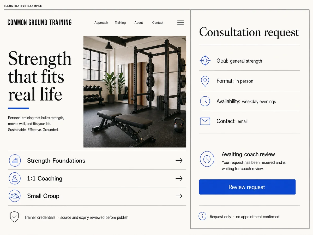 Illustrative Common Ground Training website showing three training offers and a minimal consultation request marked Awaiting coach review with no appointment confirmed.