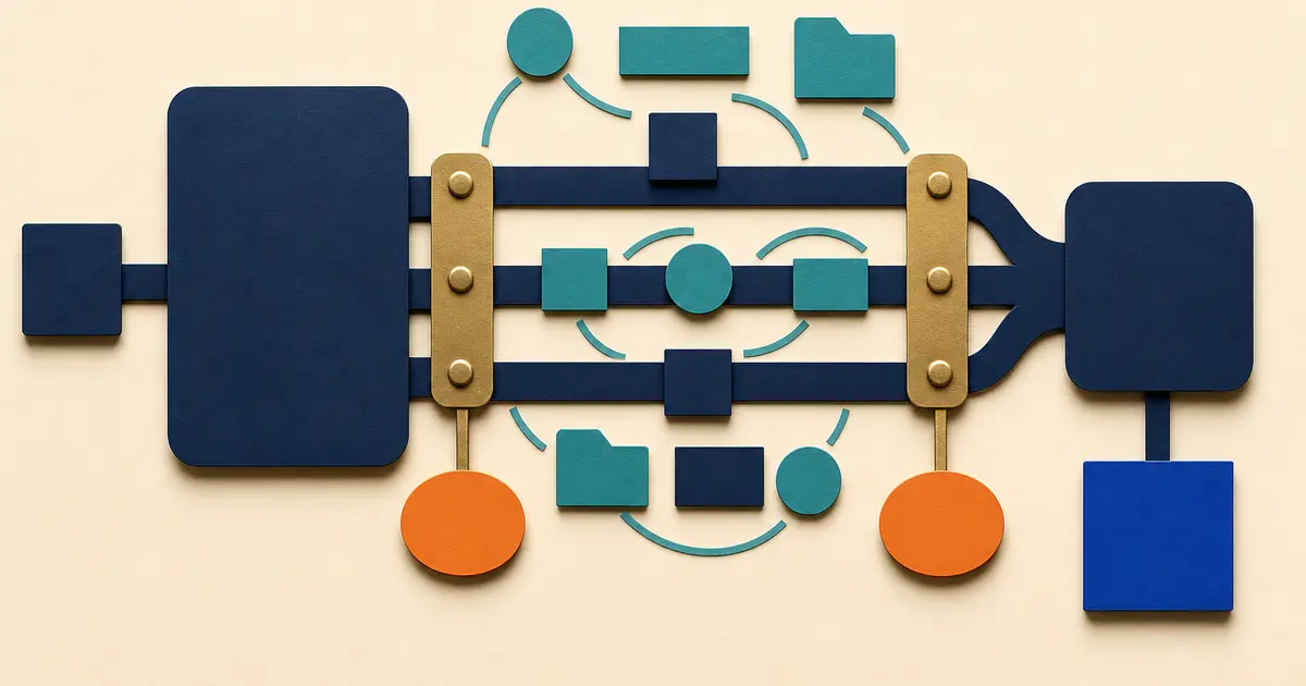Abstract paper-cut essential functions passing through a separate human decision gate to alternate work and a restoration handoff