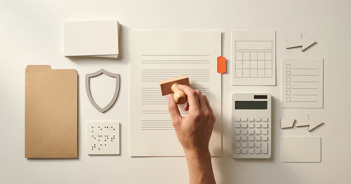 Illustrative blank versioned change sheet surrounded by requirement, security, accessibility, schedule, cost, test, migration, and recovery objects while a human holds an unapplied stamp