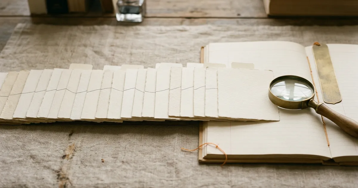 Warm paper cards arranged as a continuous version history beside an open ledger and magnifying glass