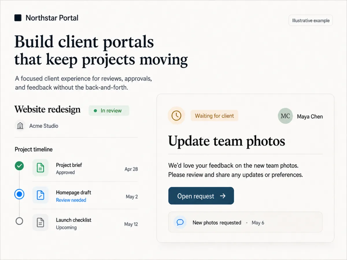 Illustrative Acme Studio client portal showing a website redesign project, document statuses, and an open client request