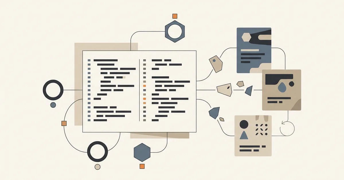 Neutral illustration of a code diff connected to review lenses, evidence, findings, and follow-up