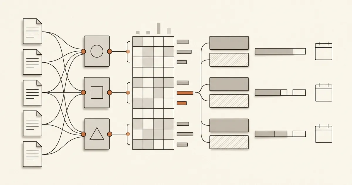 Illustrative evidence ledger connecting fictional alternatives with explicit criteria, sources, confidence, gaps, and review