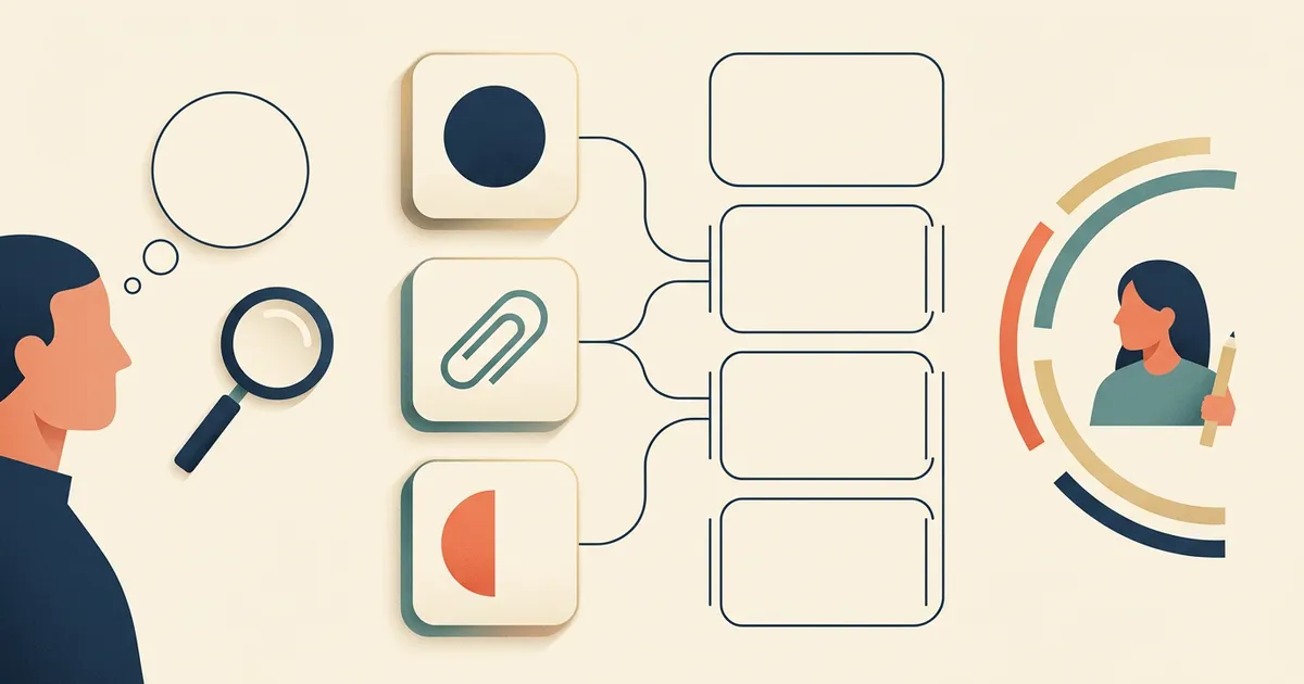 Text-free editorial illustration of a reader need flowing through evidence tiles into blank outline blocks and a human review loop