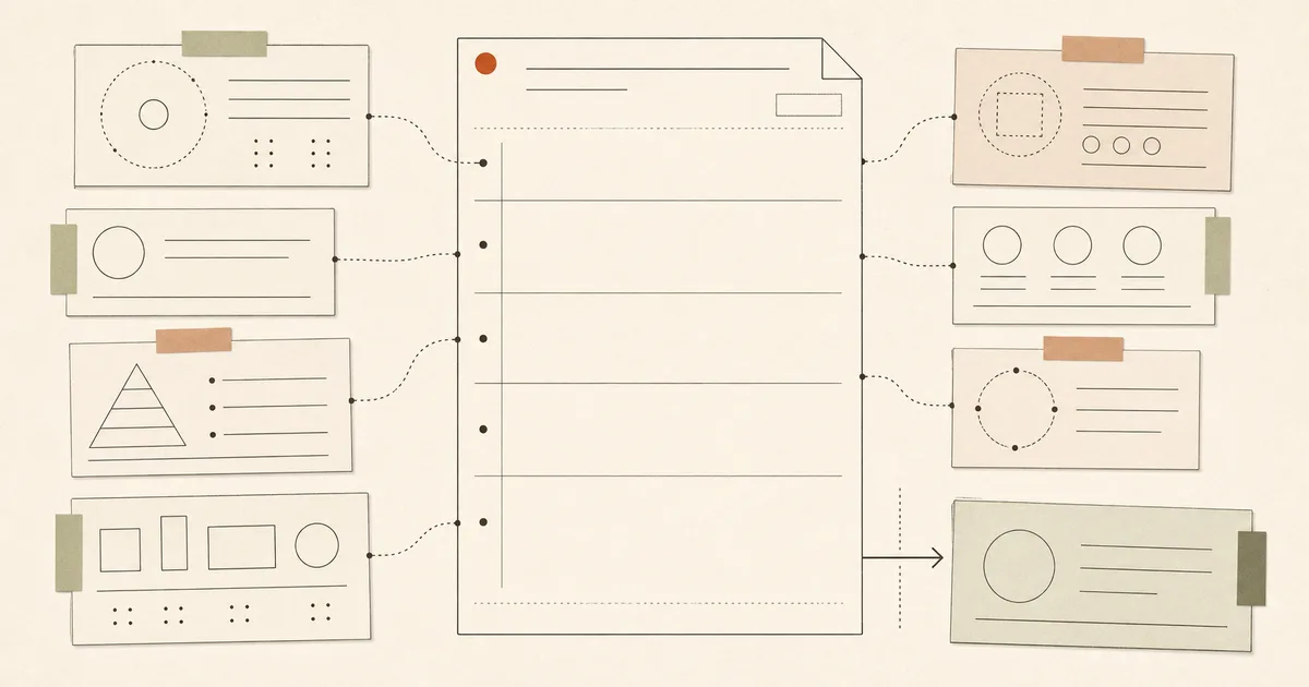 Illustrative evidence cards connected to a blank creative brief with a separate approval handoff