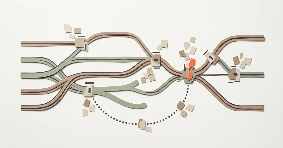 Text-free paper pathways connecting evidence cards, touchpoints, friction, and a dotted recovery route