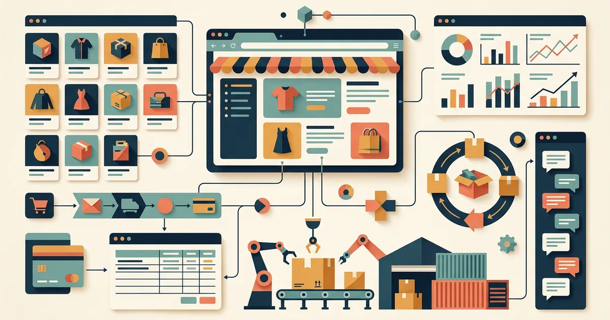 Online storefront connected to catalog, checkout, payment ledger, warehouse, returns, analytics, and support