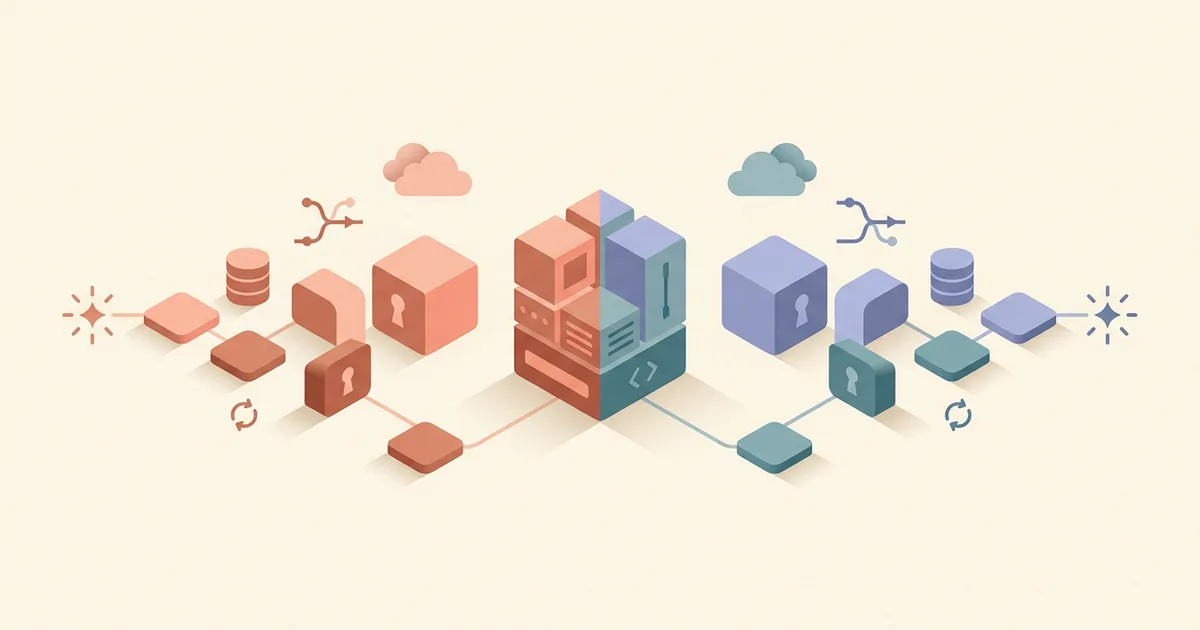 Two balanced abstract prompt-to-app paths converging on the same full-stack application model