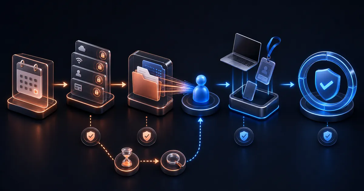 Text-free illustration connecting a dated separation trigger to locked access, a data handoff, returned equipment, evidence checks, and verified closure