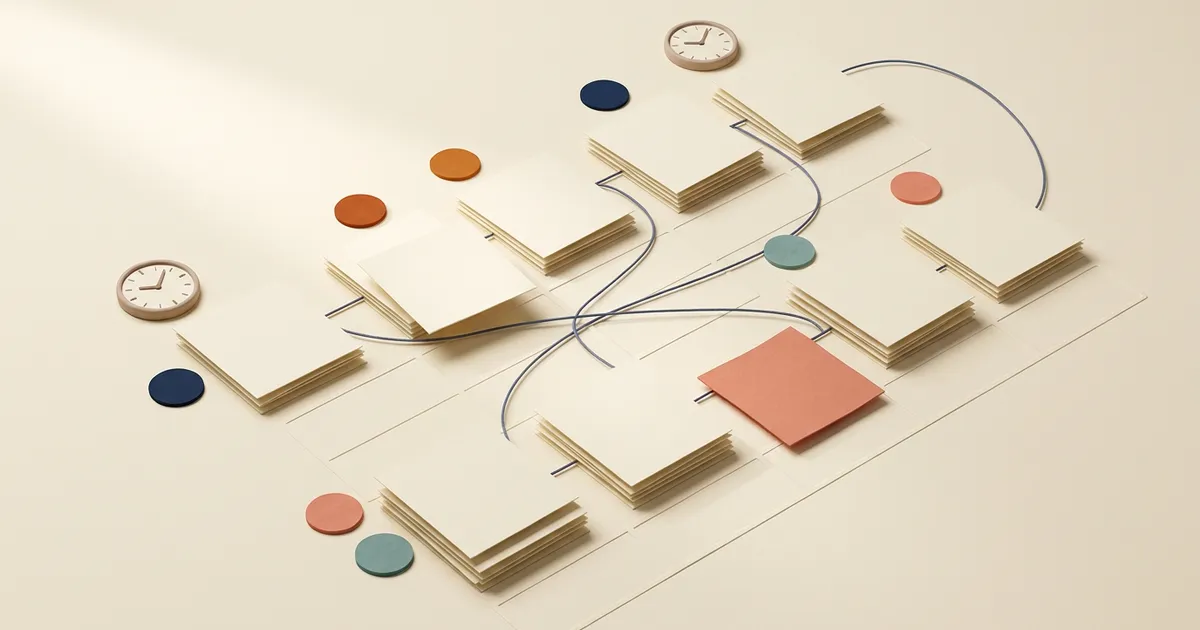 Text-free editorial arrangement of layered agenda cards, parallel tracks, room markers, clocks, and calendar tiles