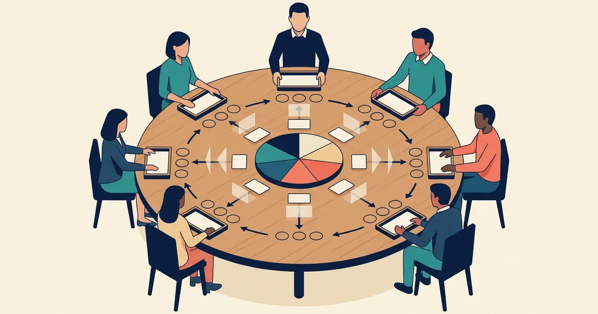 Editorial illustration of an event team reviewing observations around a circular debrief board
