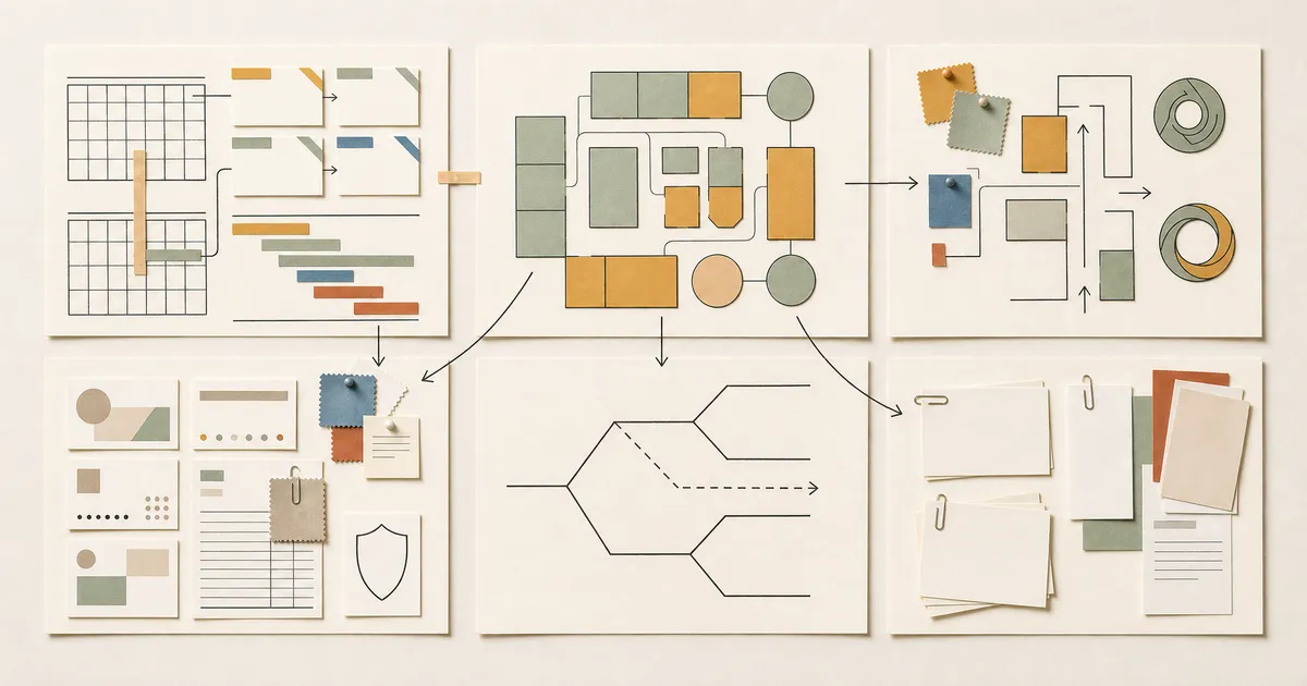 Editorial illustration of an event planning board with owners, dependencies, evidence, and contingencies