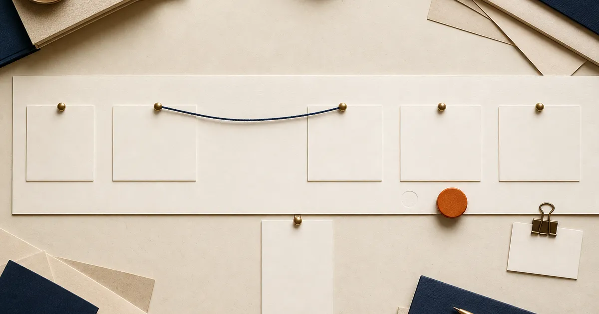 Editorial still life of blank event phase cards, milestone pins, dependency thread, a shifted orange marker, and a clipped evidence card