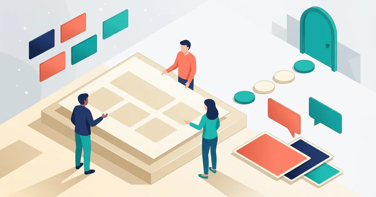 Editorial illustration of a communications team reviewing blank release blocks before a closed distribution gate
