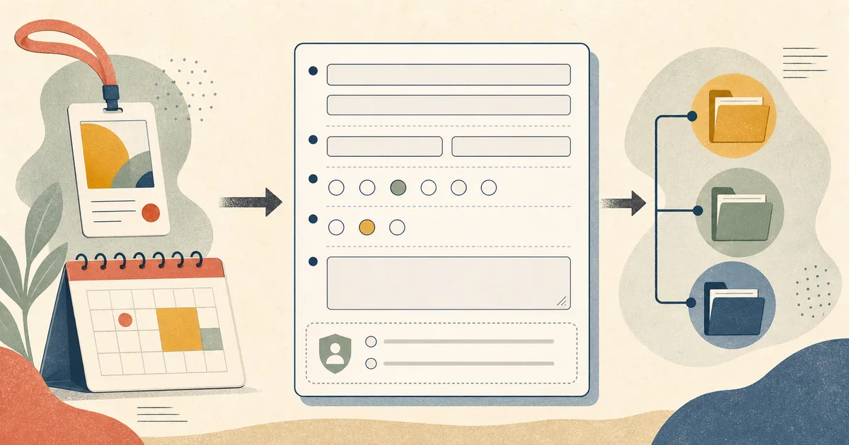 Editorial event badge and calendar feeding into an abstract form blueprint and three reviewed data folders