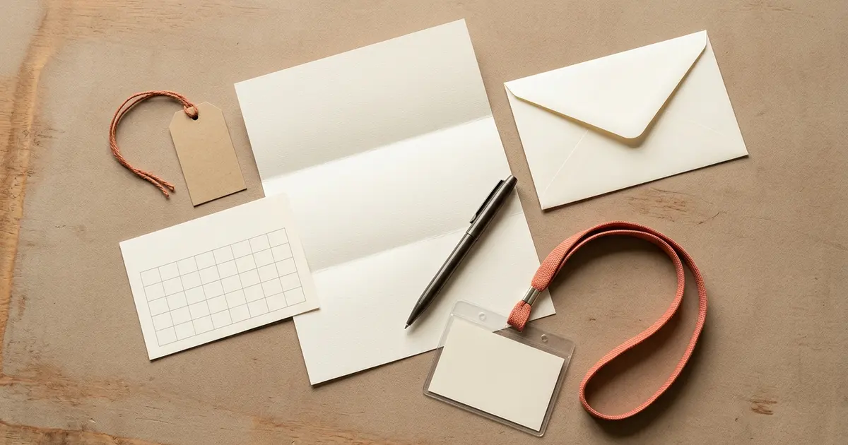 Illustrative overhead sponsorship request workspace with blank letter paper, envelope, event badge, calendar card, package tag, and pen