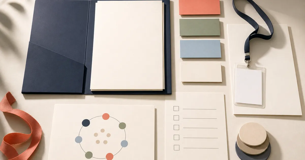 Illustrative overhead event sponsorship proposal workspace with blank paper, color cards, badge, checklist, and circular activation diagram