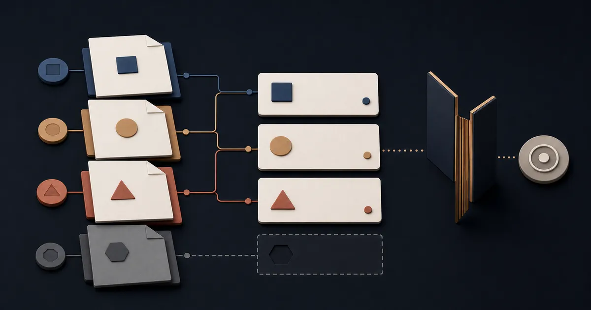 Abstract source stack connected to traceable evidence cards and a separate human review marker