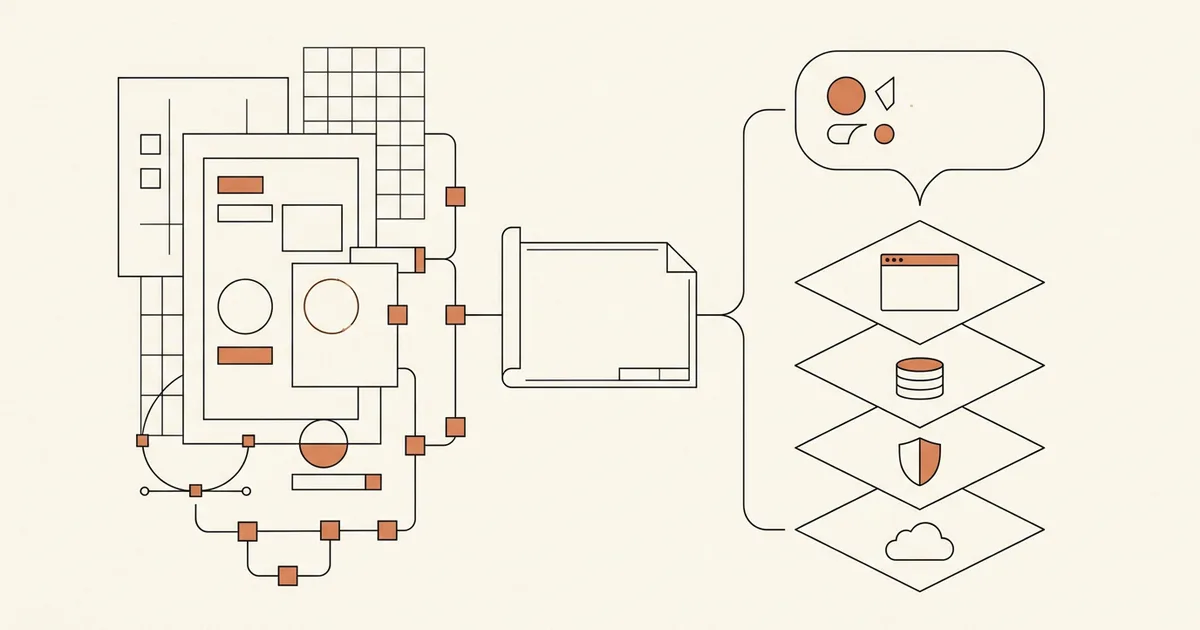 Neutral workflow map with a design canvas and a full-stack application path