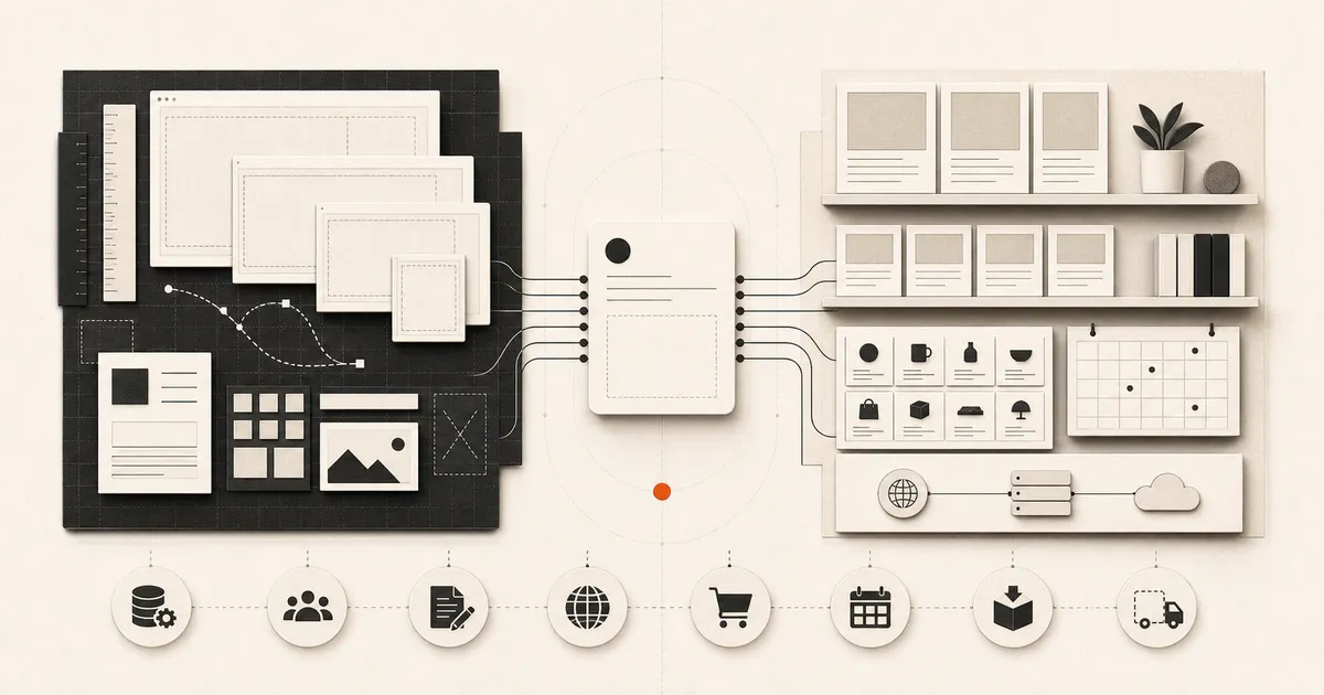 Neutral comparison map with equal visual-canvas and managed-site workbenches around one shared website brief