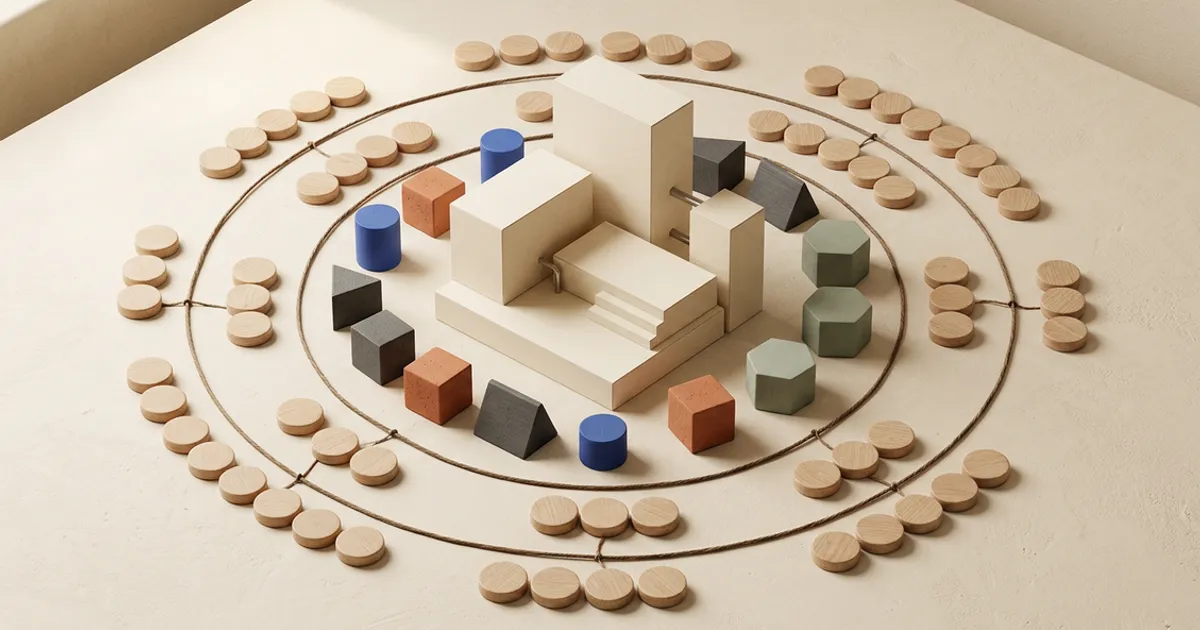 A miniature website model surrounded by wooden tokens arranged in concentric cost rings